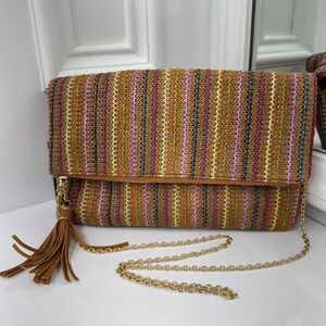 Multicolor Woven Straw Foldover Clutch with Tassel and Chain Strap